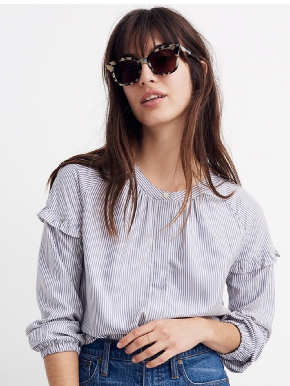 Madewell Collarless Ruffle Sleeve Shirt in Stripe